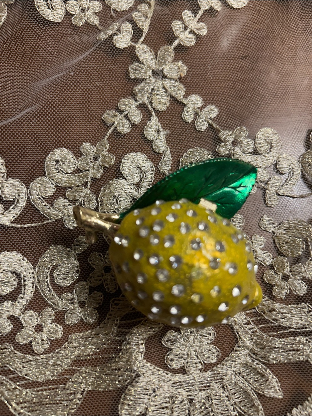 Embellished jelewed Lemon box with Green Enamel Leaf